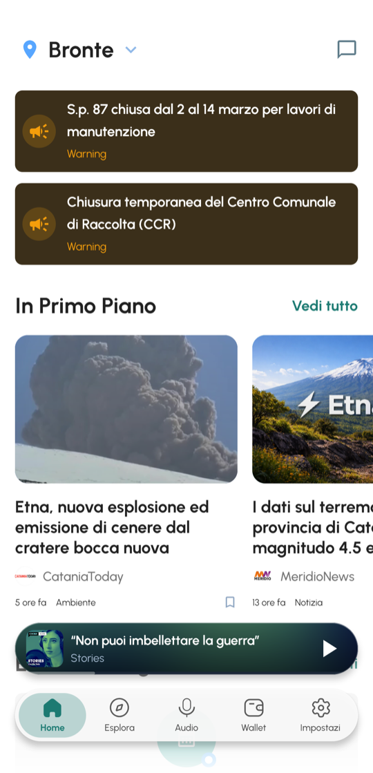 Schermata home di Etna+ con avvisi e notizie locali