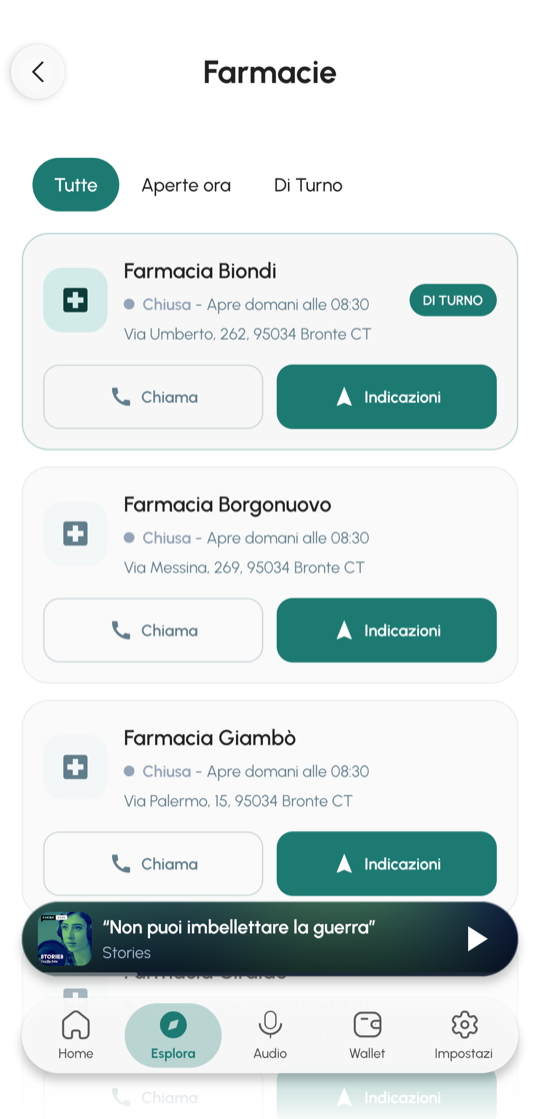 Schermata farmacie di Etna+ con risultati, stato apertura e azioni rapide