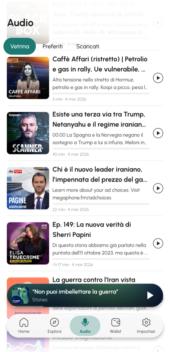 Schermata audio di Etna+ con radio e podcast locali