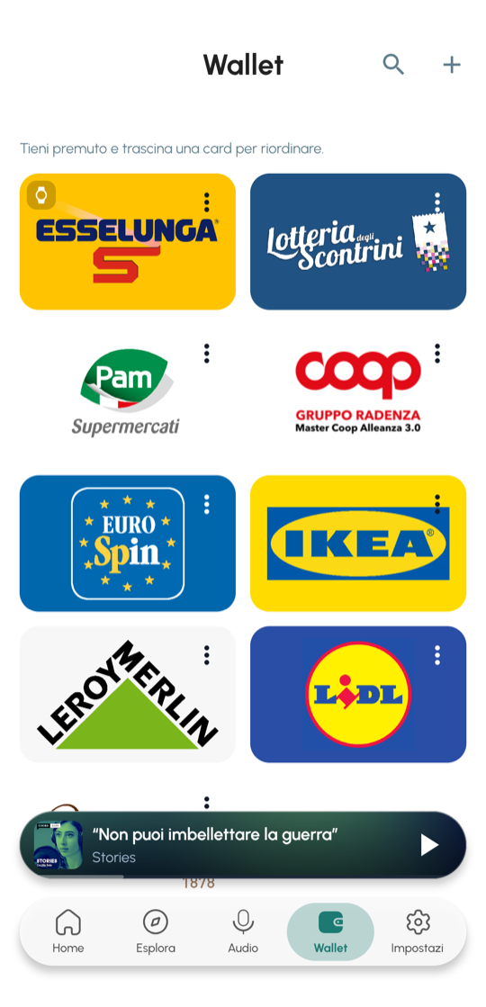 Schermata wallet di Etna+ con carte fedelta salvate